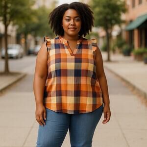 Women’s Plus Size Cotton Sleeveless Ruffle Plaid Colorful Blouse 1X
